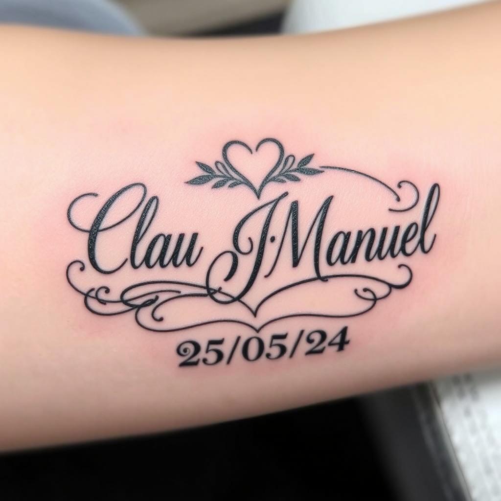 A personalized tattoo design featuring the names 'Clau' and 'J