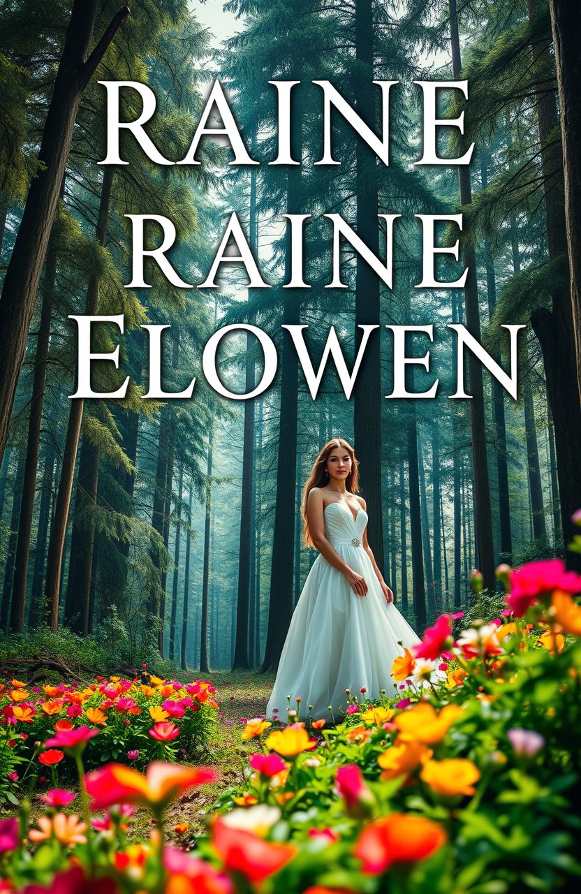 A captivating book cover design for 'RAINE ELOWEN' by 'FZCS', featuring a mesmerizing forest scene with tall, lush green trees and colorful flowers in the foreground
