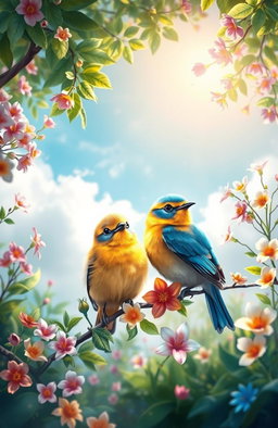A stunning digital painting showcasing two beautiful, cute birds perched amidst a vibrant natural setting