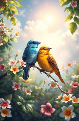 A stunning digital painting showcasing two beautiful, cute birds perched amidst a vibrant natural setting