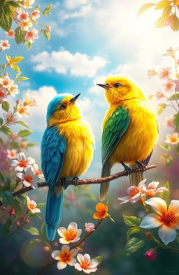 A stunning digital painting showcasing two beautiful, cute birds perched amidst a vibrant natural setting