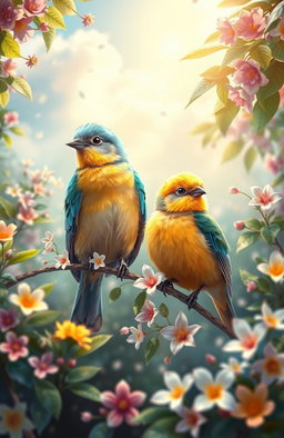 A stunning digital painting showcasing two beautiful, cute birds perched amidst a vibrant natural setting