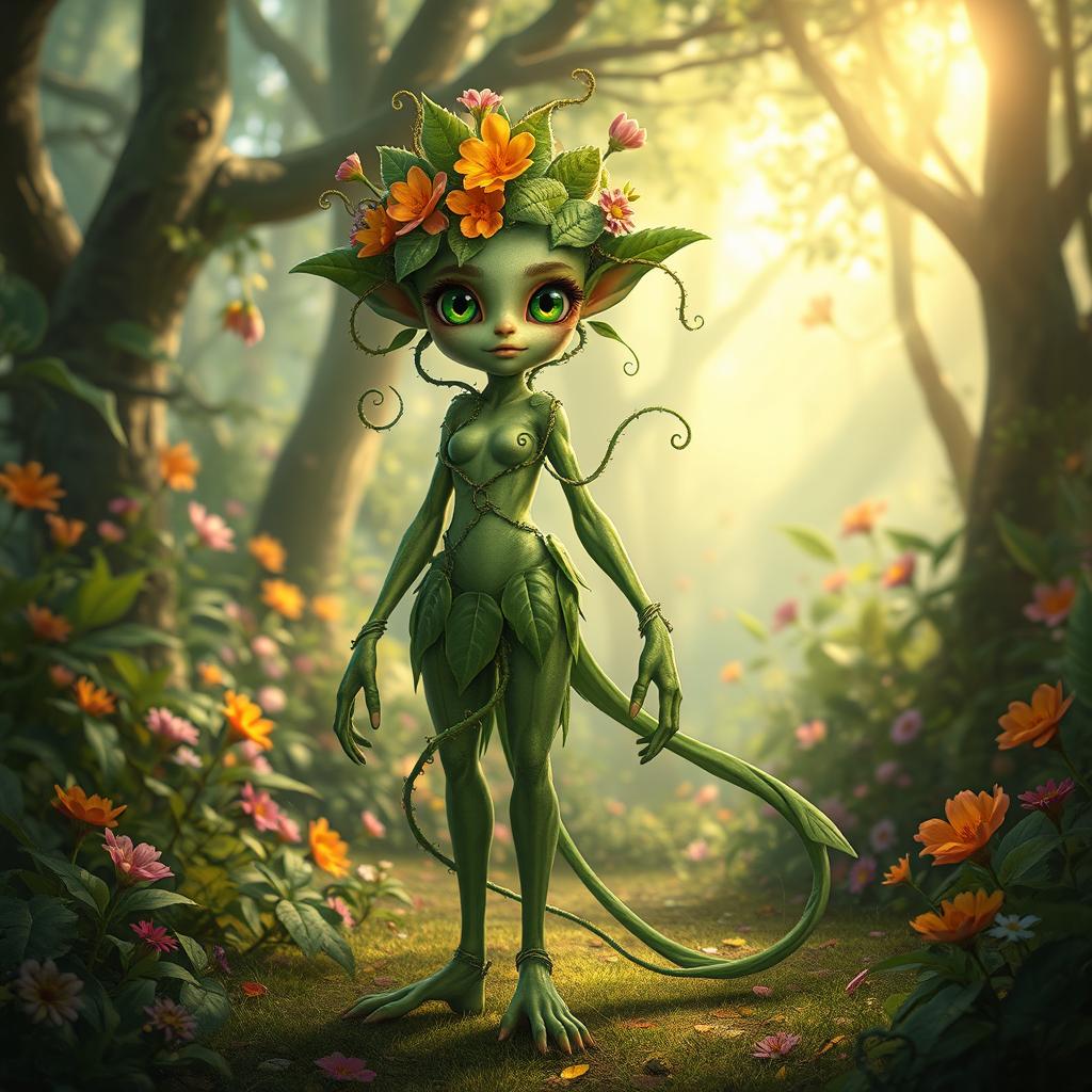 A humanoid plant creature with vibrant green leafy skin, elegant vines wrapping around its limbs, and a long, flowing tail made of delicate petals and tendrils