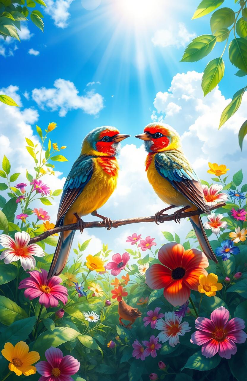 A stunning digital painting of two beautiful, cute birds perched on a branch amidst a vibrant and lush natural setting
