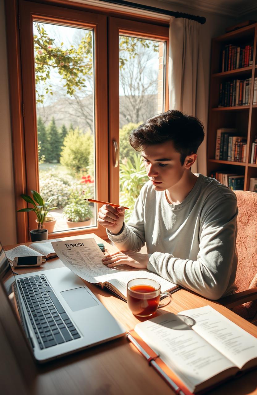 A young adult studying Turkish language books in a cozy, well-lit room with a large window showing a beautiful garden outside
