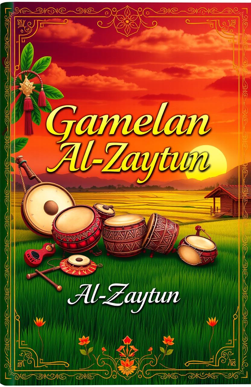 A vibrant book cover design for 'Gamelan Al-Zaytun', featuring traditional Indonesian gamelan instruments such as metallophones, gongs, and drums