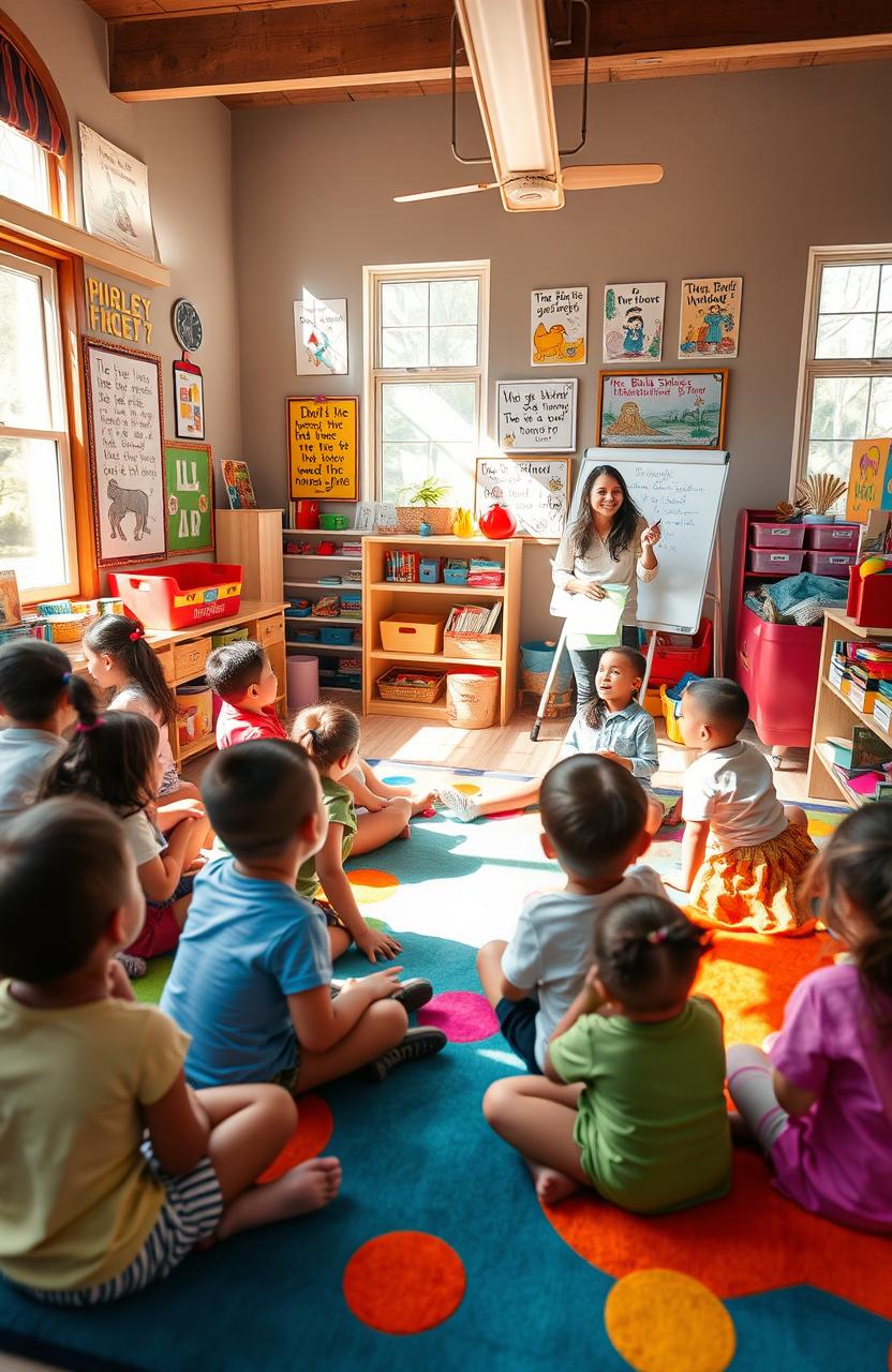 A vibrant Sunday school classroom filled with children of various ethnicities, engaged in a fun and interactive lesson about Bible stories
