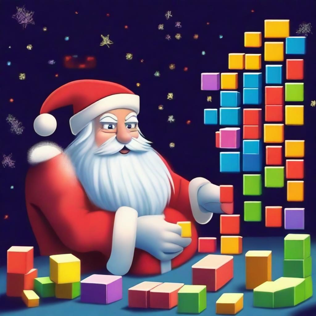 Santa Claus deeply involved in a lively game of Tetris, his fingers swiftly guiding the blocks on a glowing screen.