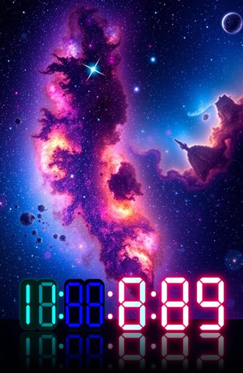 A breathtaking cosmic background featuring vivid galaxies, twinkling stars, and vibrant nebulae, with a series of elegant time counters displayed prominently in the foreground