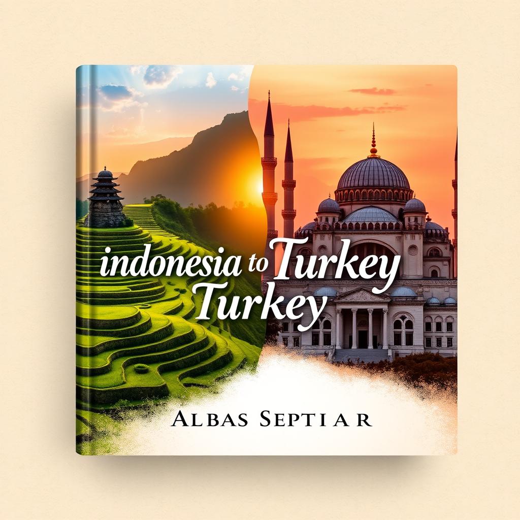 A stunning book cover design for a travel narrative titled "Indonesia to Turkey", authored by Albas Septiar