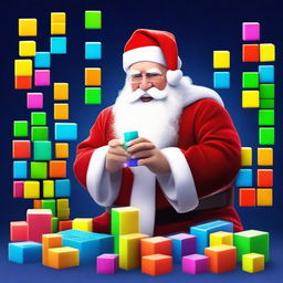 Santa Claus deeply involved in a lively game of Tetris, his fingers swiftly guiding the blocks on a glowing screen.