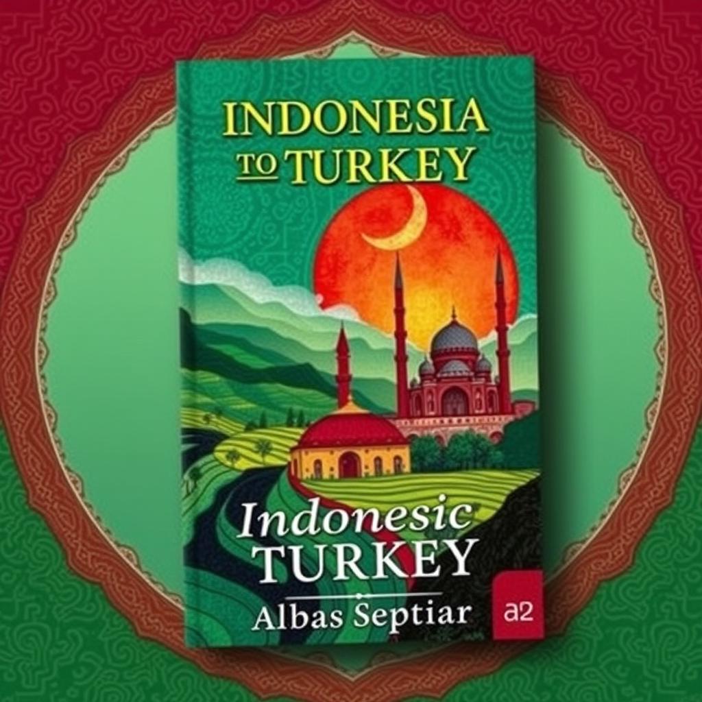A stunning book cover design titled 'Indonesia to Turkey', featuring vibrant colors and intricate patterns inspired by Indonesian batik and Turkish motifs