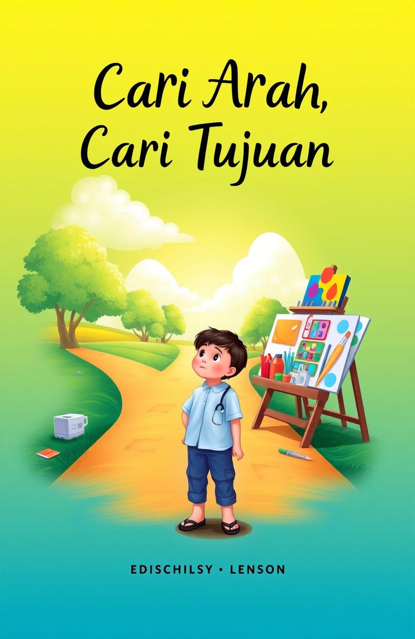 A book cover design for a short story titled "Cari Arah, Cari Tujuan"