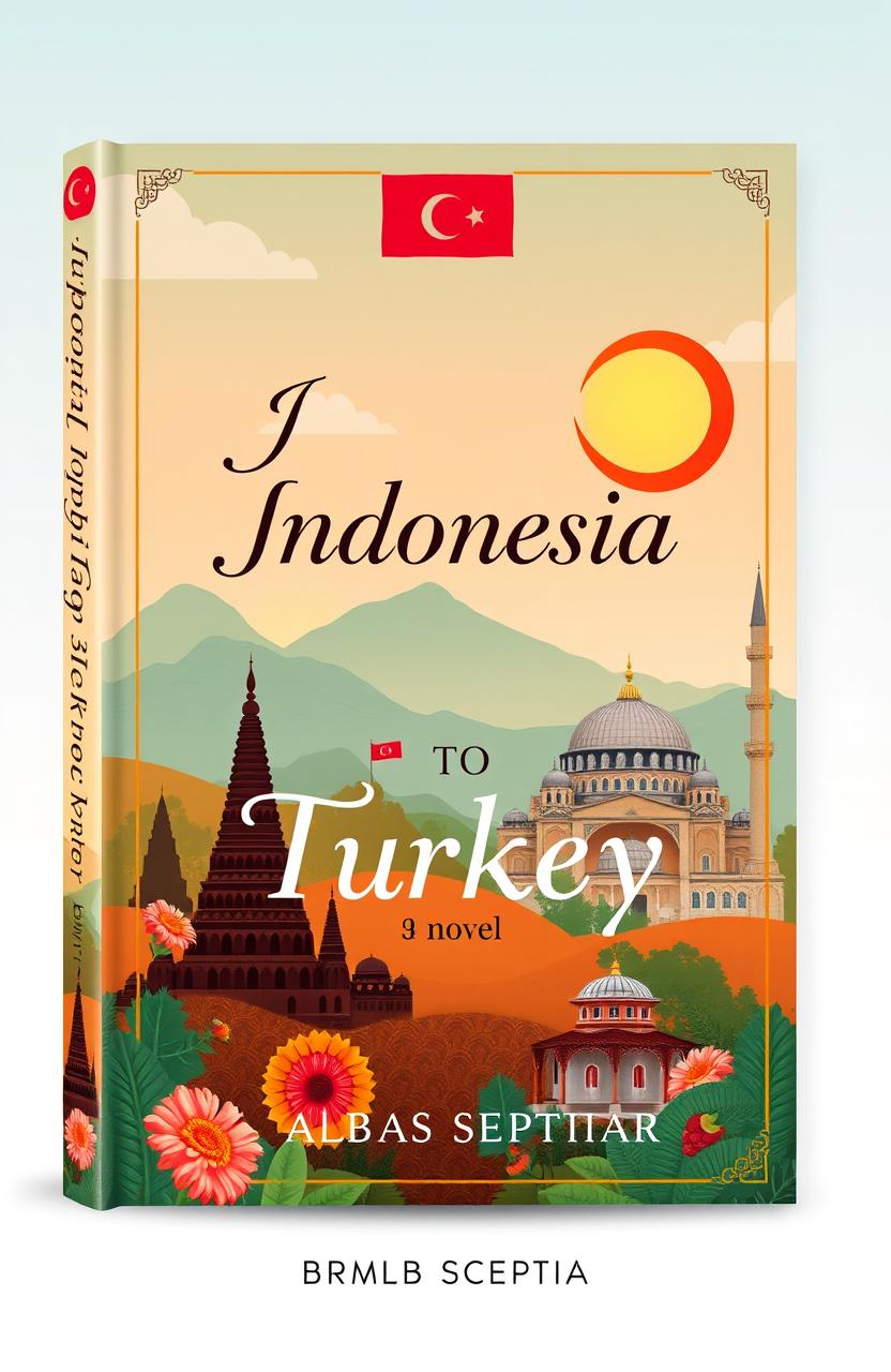 A stunning book cover design for a novel titled "Indonesia to Turkey" by author Albas Septiar