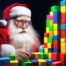 Santa Claus deeply involved in a lively game of Tetris, his fingers swiftly guiding the blocks on a glowing screen.