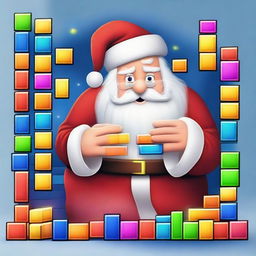 Santa Claus deeply involved in a lively game of Tetris, his fingers swiftly guiding the blocks on a glowing screen.