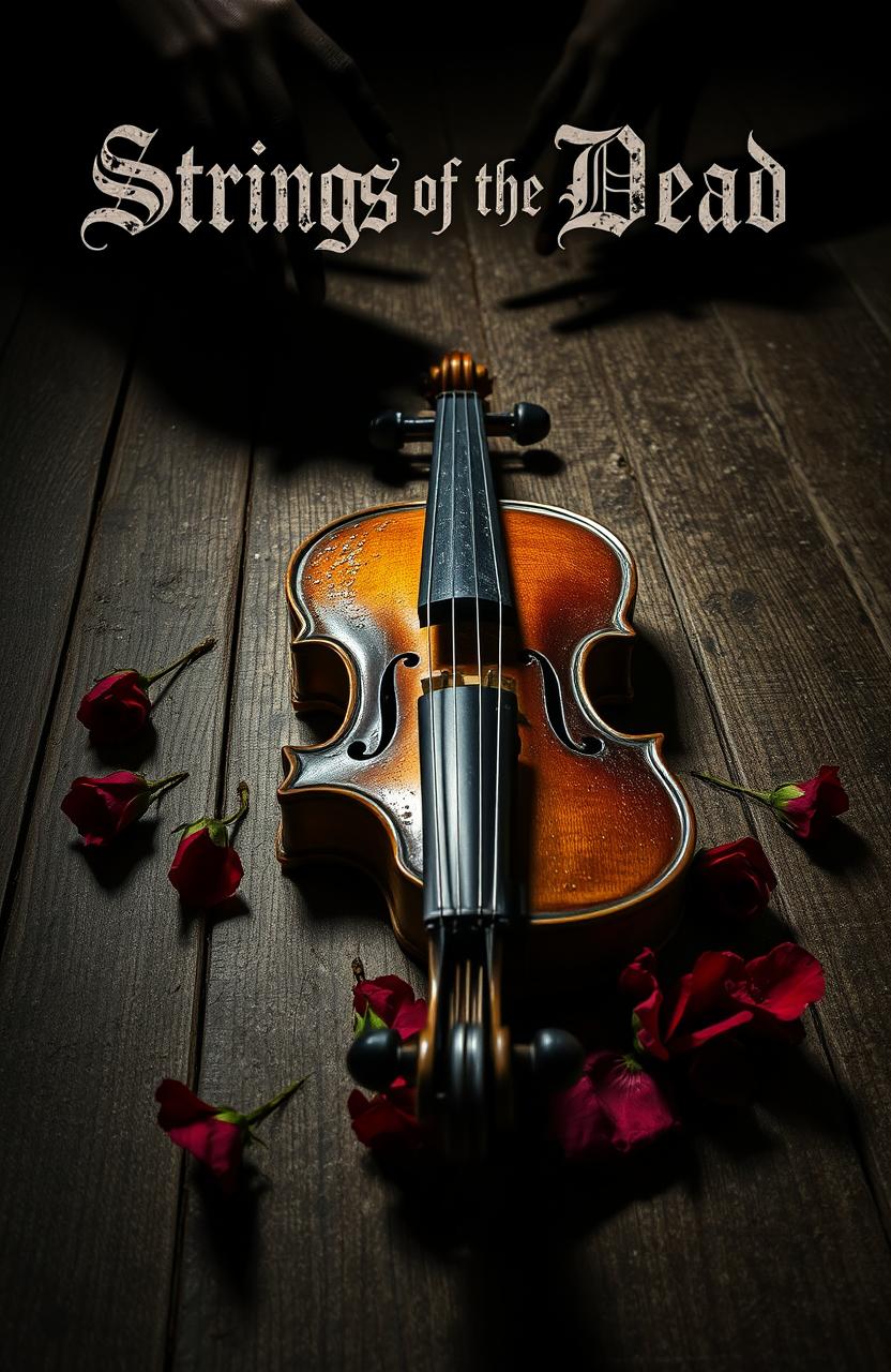 A close-up view of an old, distressed violin resting on a dusty, aged wooden floor, with broken strings