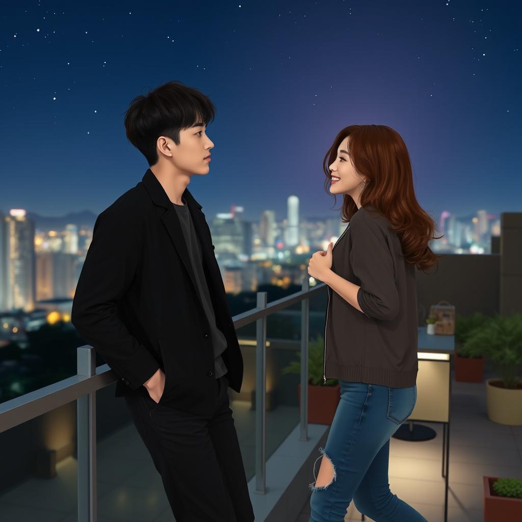 A young Korean man named Min-woo, aged 29, leans against a railing on a rooftop at night, gazing at the glowing city skyline