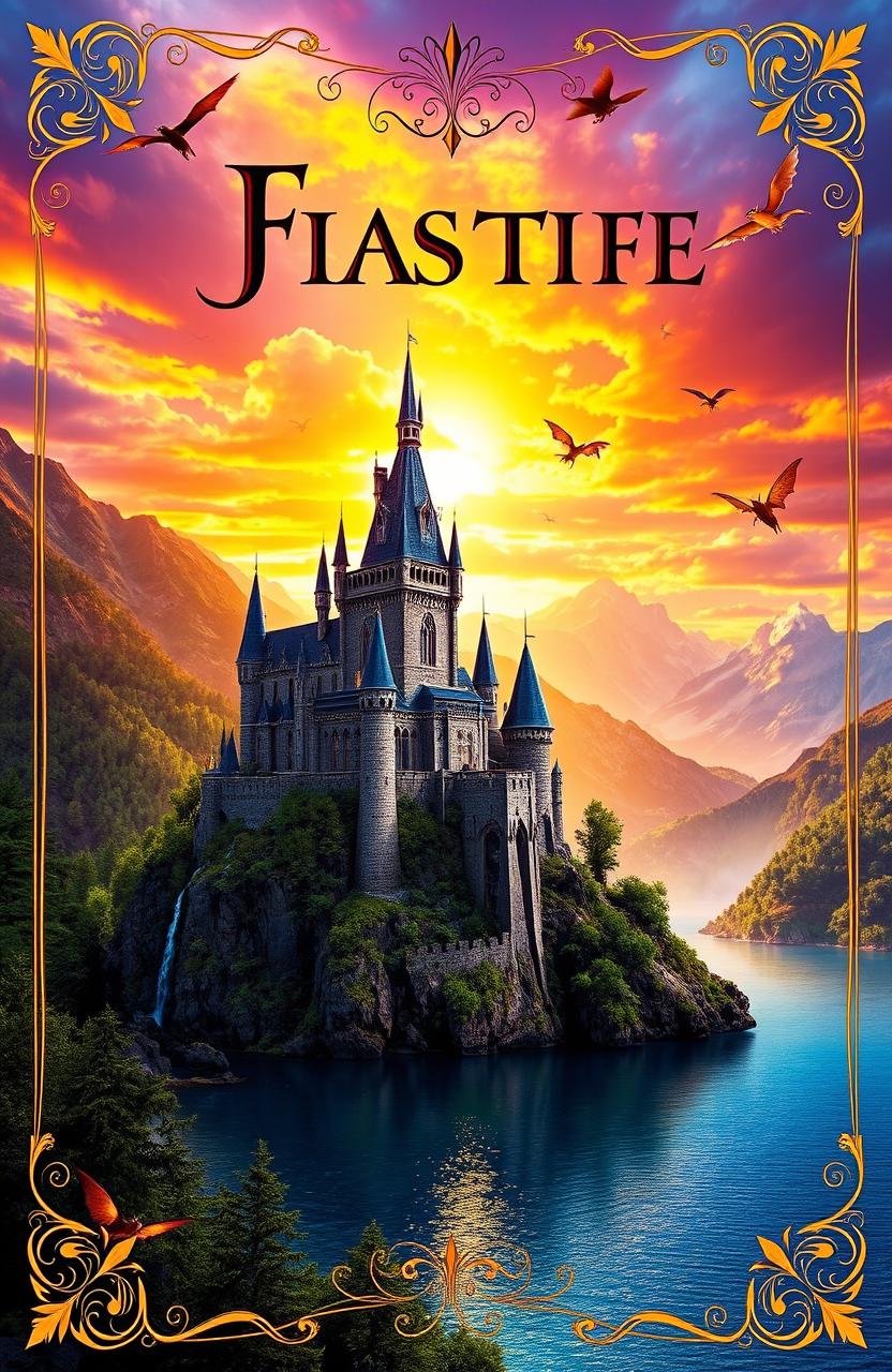 A captivating fantasy book cover featuring a majestic castle perched on a cliff over a shimmering lake, surrounded by lush green forests and mountains in the background