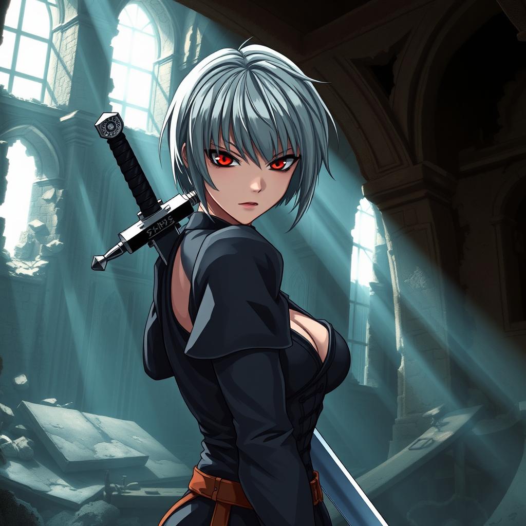 A striking vampire woman with short, straight grey hair styled in a 90's anime fashion, captures the viewer's attention with her red eyes radiating anger