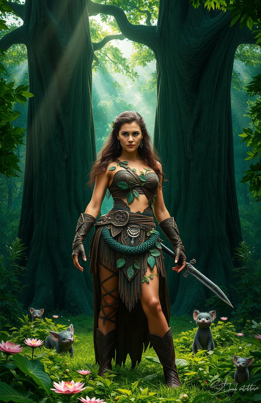 A powerful woman standing protectively in a lush green forest, embodying strength and determination