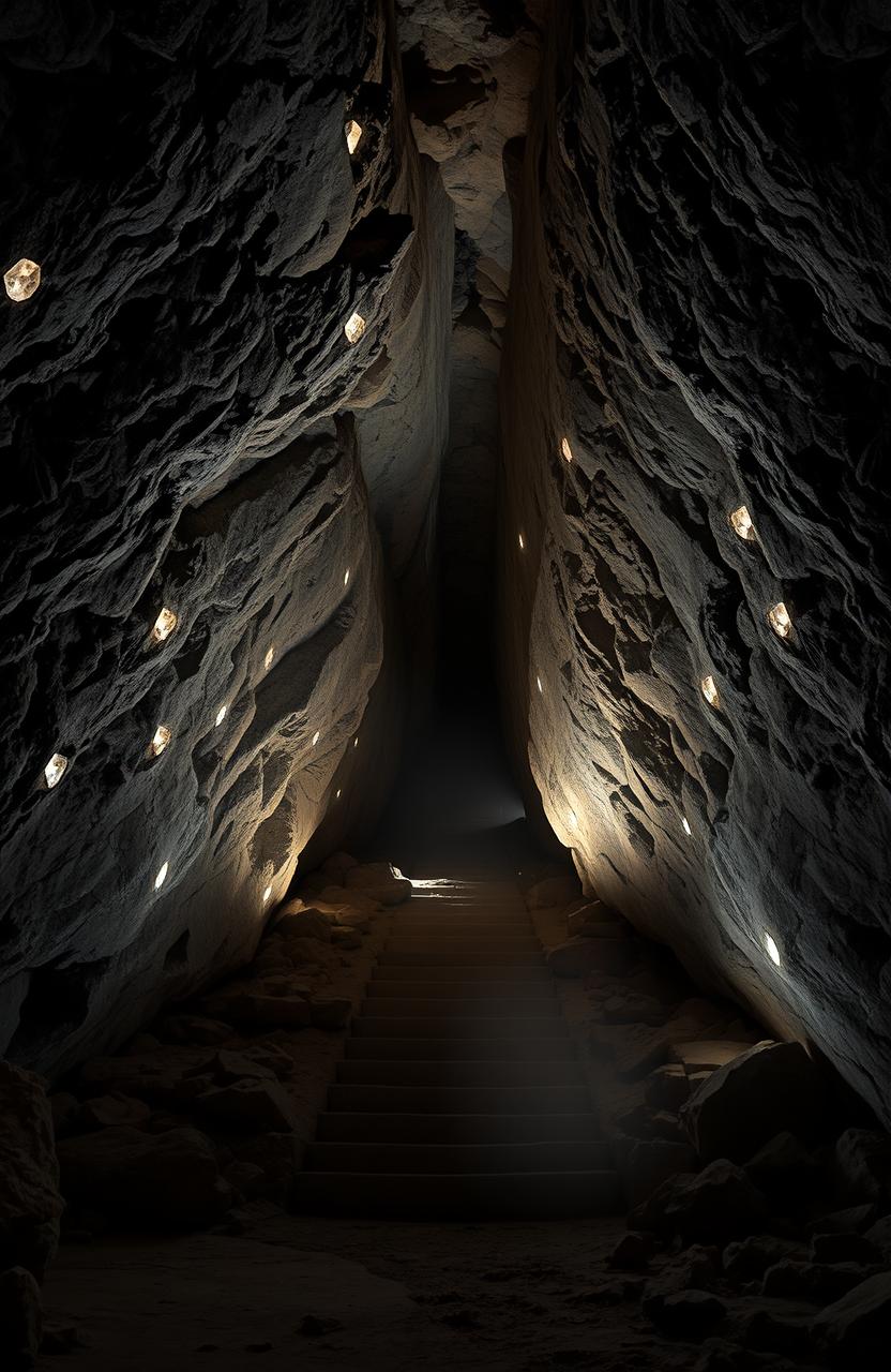Inside a vast cave, with massive stone walls and a rugged ceiling that seems to disappear into darkness