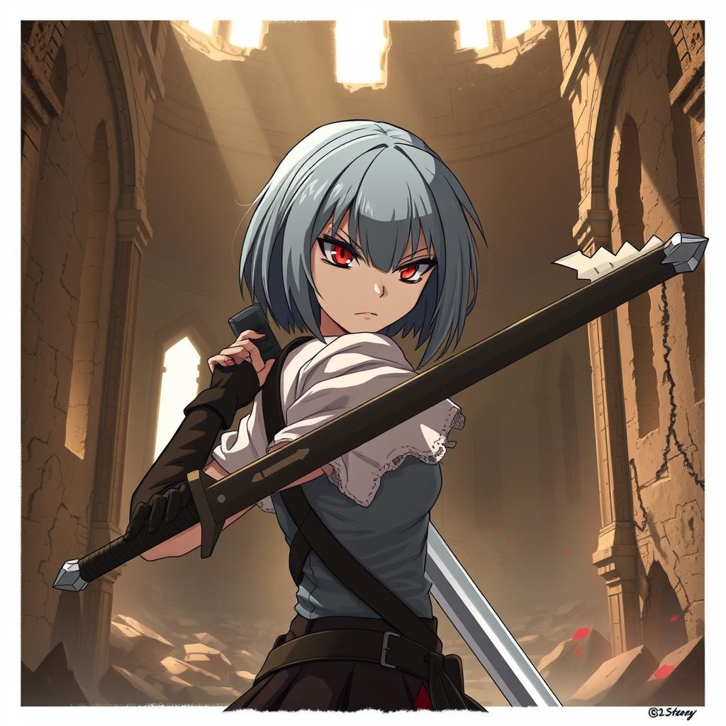 A fierce vampire woman with short, straight grey hair designed in anime style features intense red eyes reflecting anger