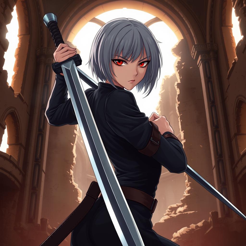 A captivating vampire woman with short, straight grey hair depicted in a modern anime style