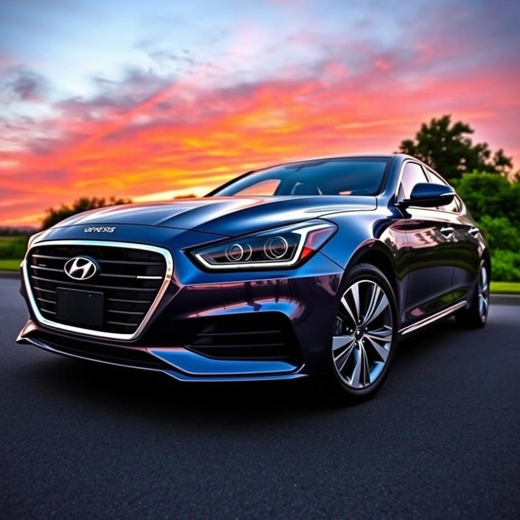 A striking image of a Hyundai Genesis luxury sedan, showcasing its sleek and modern design with a glossy exterior finish