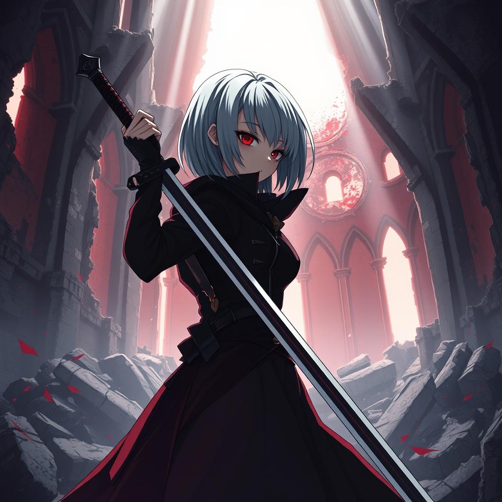A captivating scene featuring a vampire woman with short, straight grey hair styled in an anime aesthetic