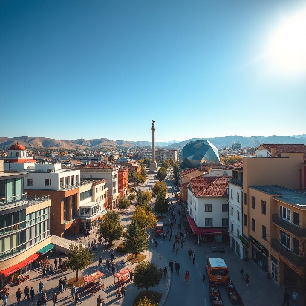 A vibrant cityscape of Pristina, the capital of Kosovo, showcasing its unique blend of modern architecture and historical elements
