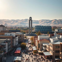 A vibrant cityscape of Pristina, the capital of Kosovo, showcasing its unique blend of modern architecture and historical elements