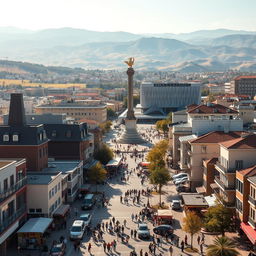 A vibrant cityscape of Pristina, the capital of Kosovo, showcasing its unique blend of modern architecture and historical elements