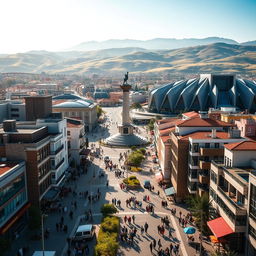 A vibrant cityscape of Pristina, the capital of Kosovo, showcasing its unique blend of modern architecture and historical elements