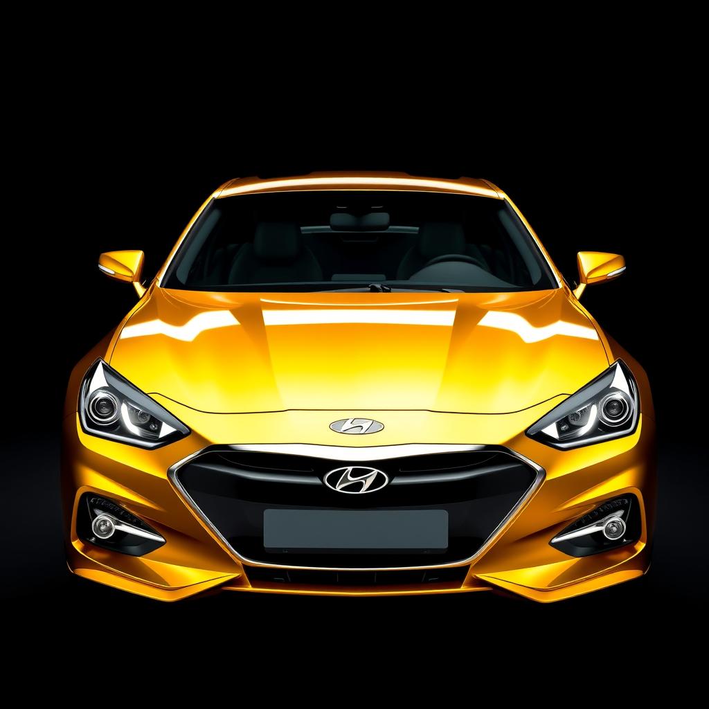 A stunning Hyundai Genesis sports car, made entirely of gold, positioned directly facing the camera