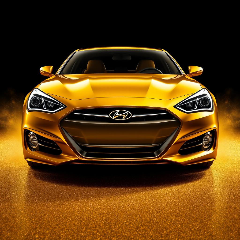 A large, captivating image of a Hyundai Genesis sports car, crafted entirely from gold, facing straight towards the camera