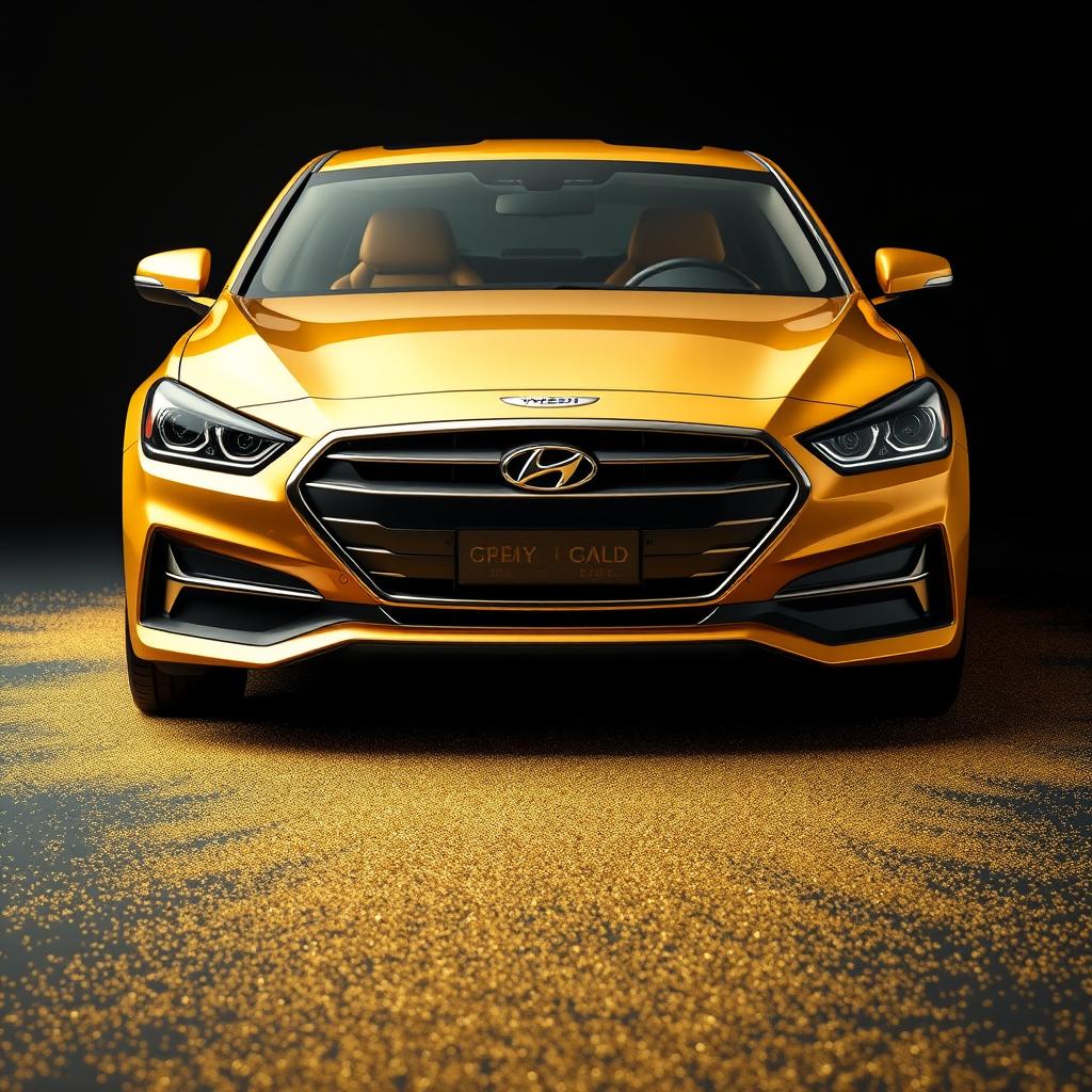 A large, striking image of a Hyundai Genesis, meticulously crafted from gold, facing directly towards the camera