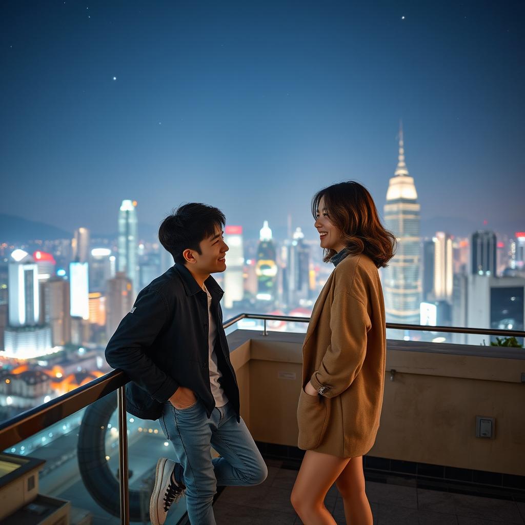 On a rooftop at night in a bustling city, Min-woo, a 29-year-old Korean man, leans casually against a railing, gazing at the stunning skyline illuminated by vibrant city lights in the background