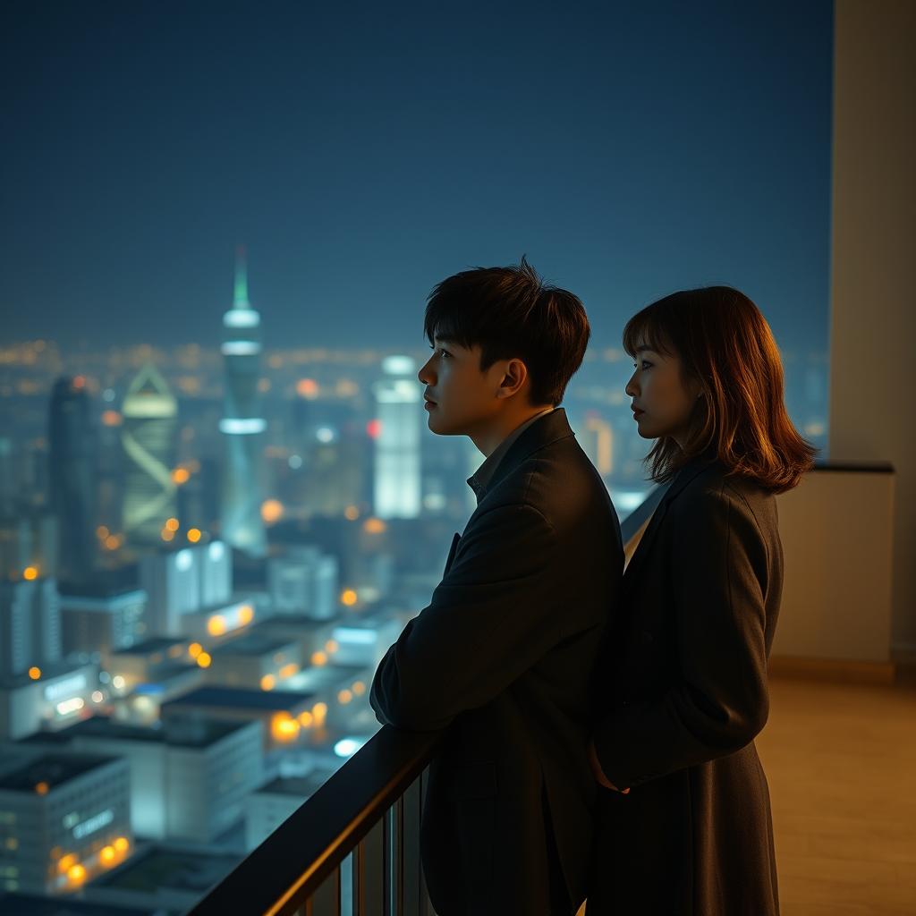 A rooftop at night, with a stunning city skyline illuminated by distant glowing lights