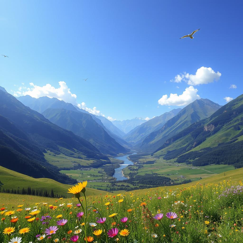 A beautiful and intricate landscape featuring a lush green valley surrounded by majestic mountains under a clear blue sky