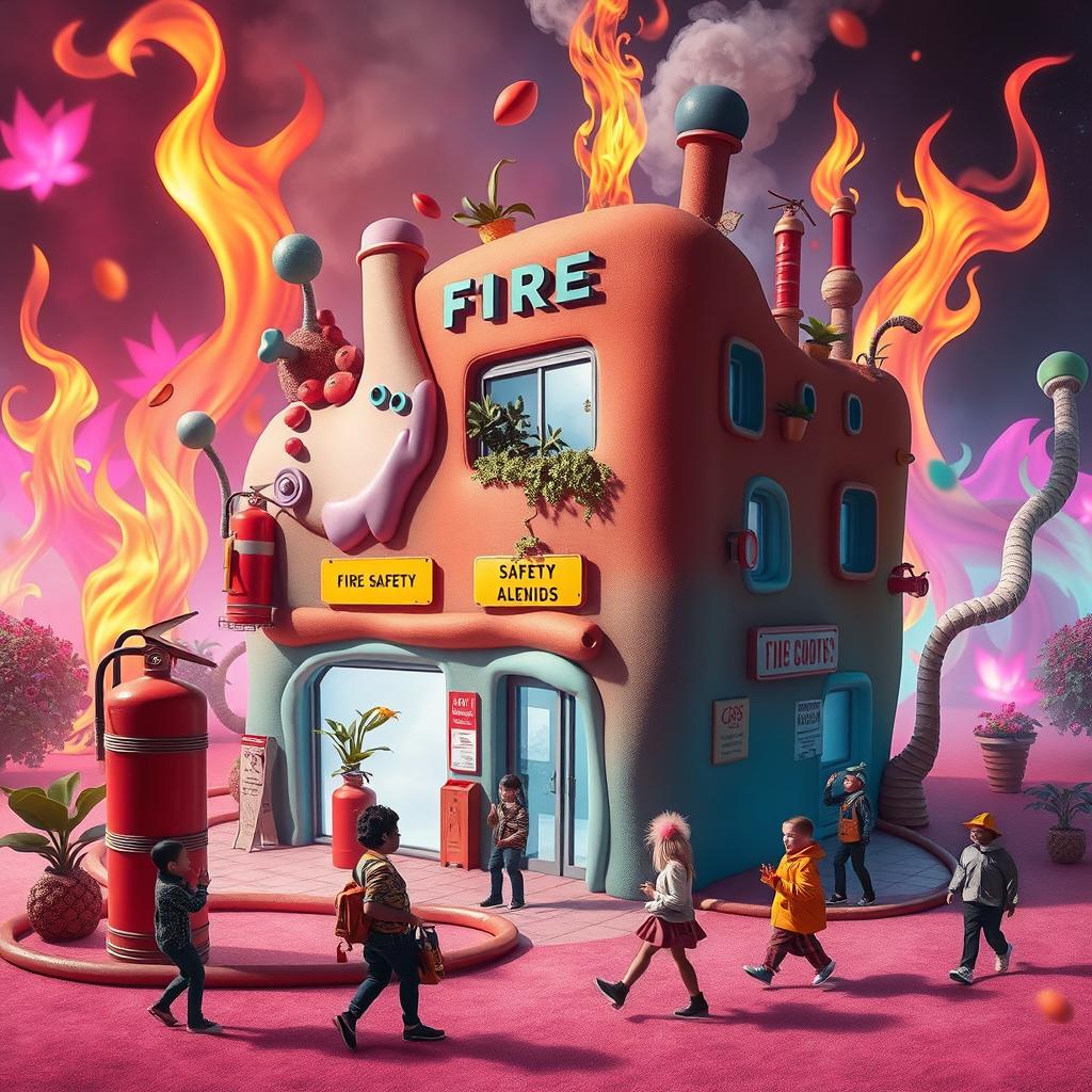 A surrealistic representation of fire safety, showcasing an imaginative fire prevention building
