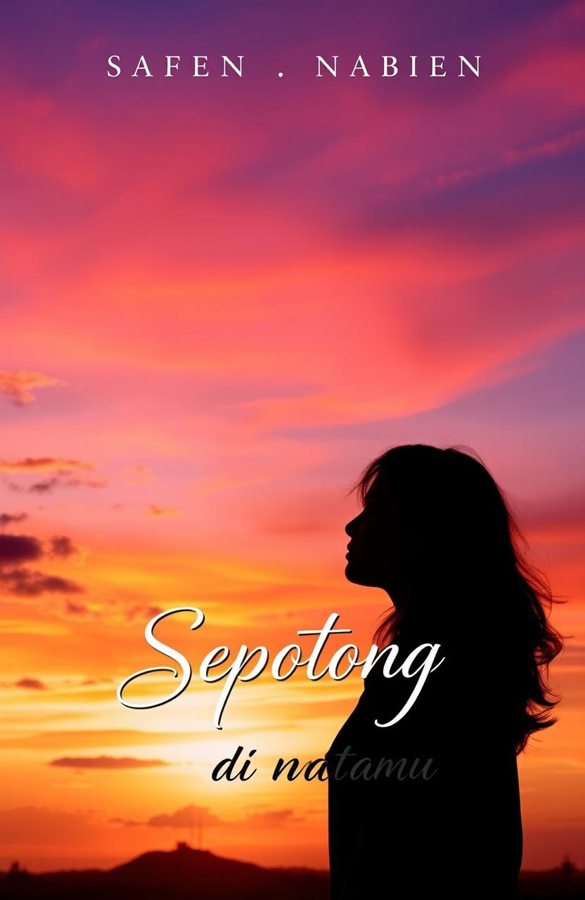A captivating book cover design for a novel titled 'Sepotong Senja di Matamu' (A Piece of Twilight in Your Eyes)