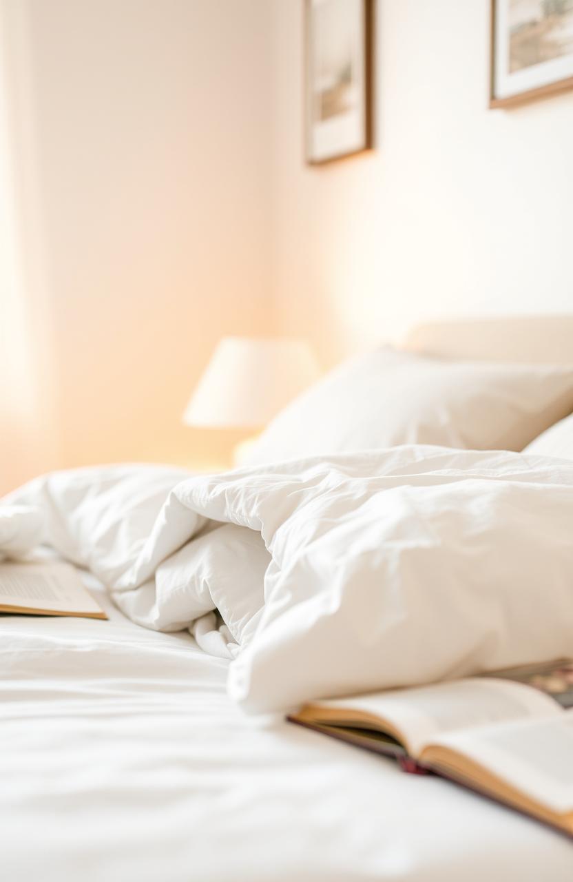 A close-up view of a cozy bedroom scene, where the focus is on a neatly made bed with a white blanket pulled up to reveal a hint of colorful patterned sheets underneath
