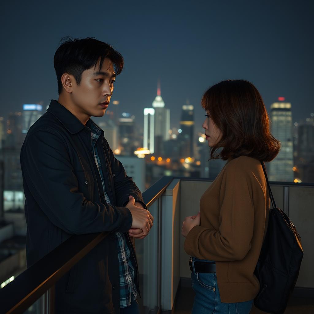 A rooftop scene at night featuring a Korean man named Min-woo, aged 29, leaning casually against the railing while looking at the city skyline, which is illuminated by distant city lights