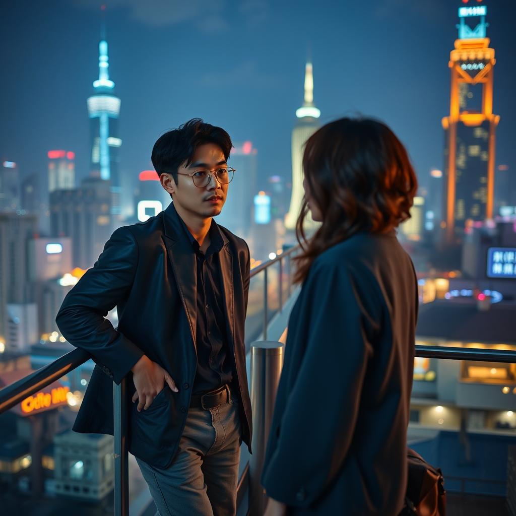 On a bustling rooftop at night in a vibrant city, a 29-year-old Korean man named Min-woo, with a thoughtful expression, leans against the railing, gazing at the glowing skyline