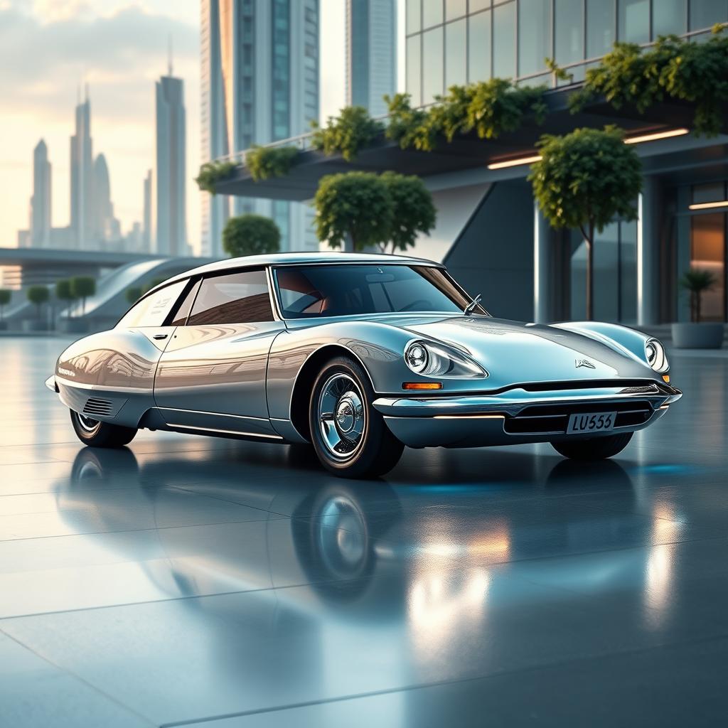A futuristic interpretation of the Citroen DS 1st generation (1962-1967) car, embodying the signature sleek, aerodynamic curves and unique styling elements like the elongated body and distinctive front headlights