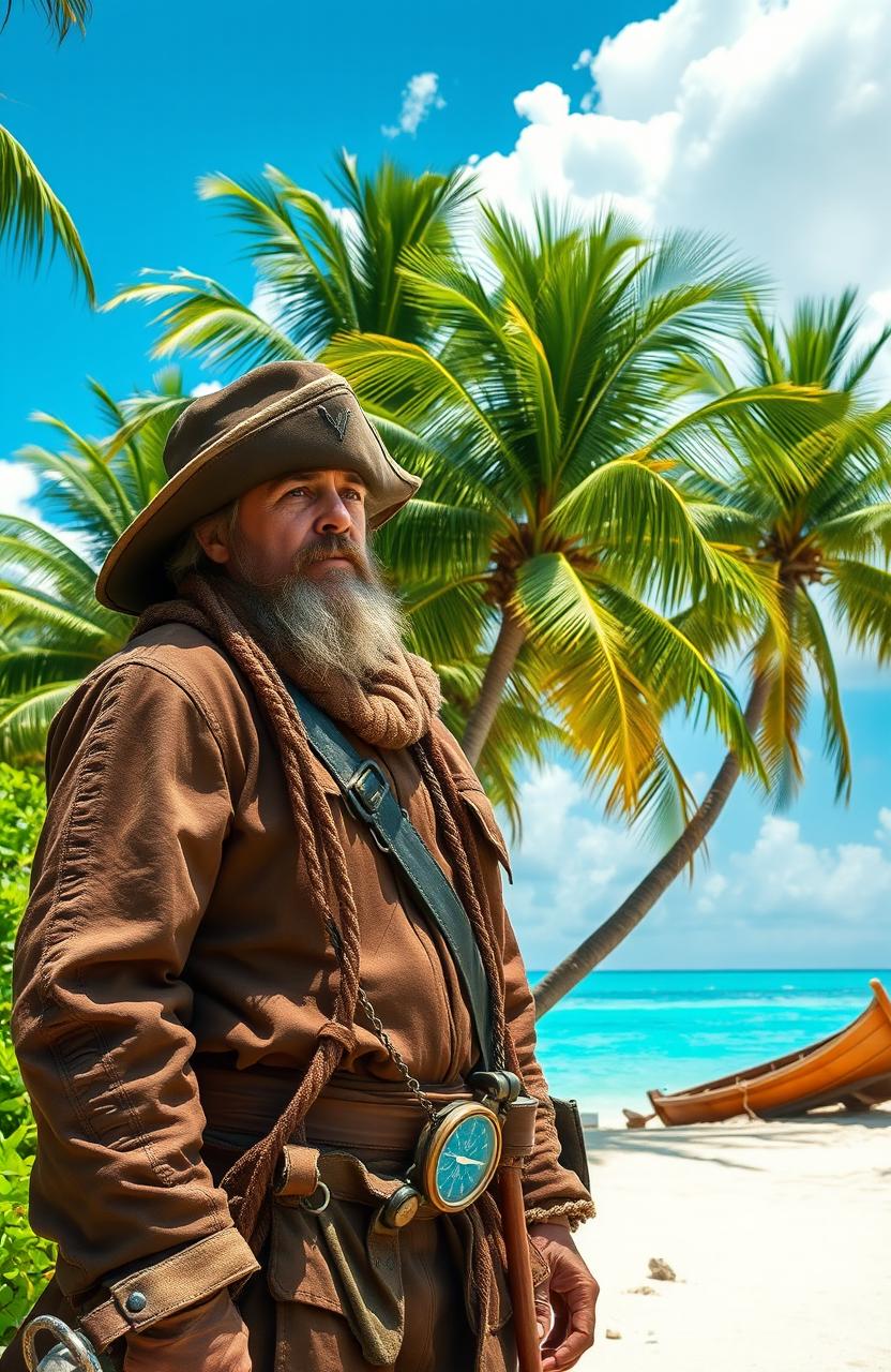 A rugged and resourceful captain stranded on a lush tropical island, with vibrant green foliage, towering palm trees, and sandy beaches