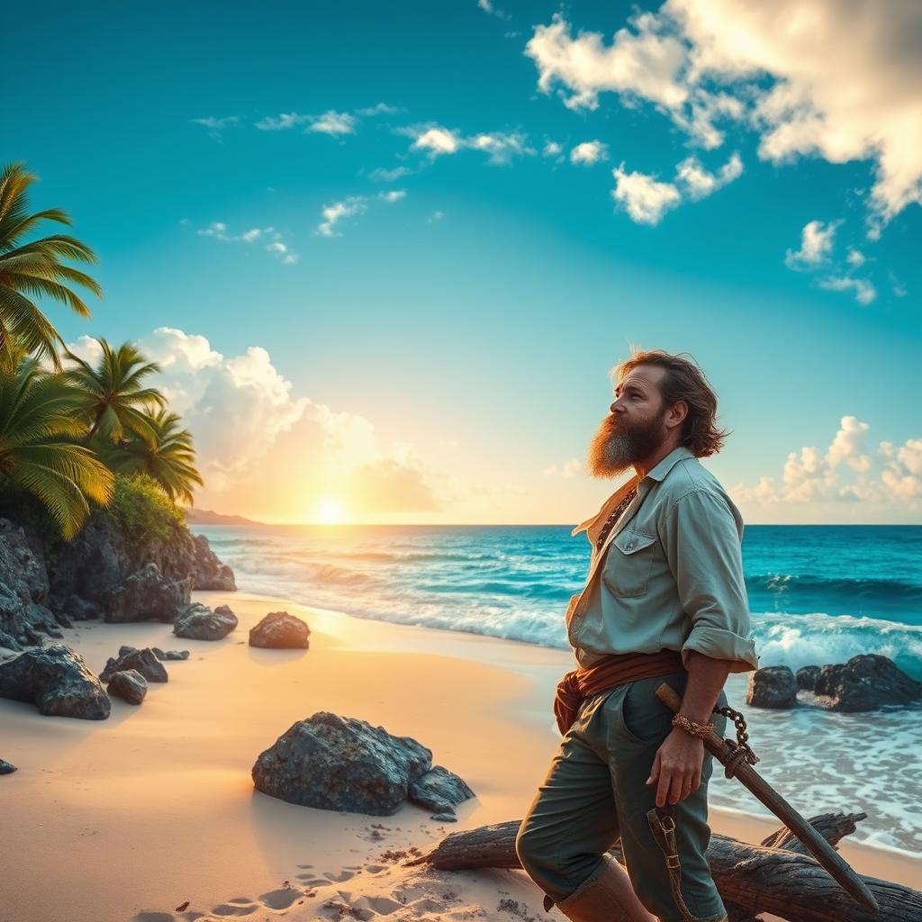 A shipwrecked captain stranded on a remote island, looking determined and resilient