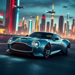 A futuristic interpretation of the Aston Martin DB5, incorporating advanced aerodynamic shapes and sleek futuristic design elements while maintaining the distinctive features of the classic car such as its elegant curves and iconic grille