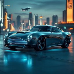 A futuristic interpretation of the Aston Martin DB5, incorporating advanced aerodynamic shapes and sleek futuristic design elements while maintaining the distinctive features of the classic car such as its elegant curves and iconic grille